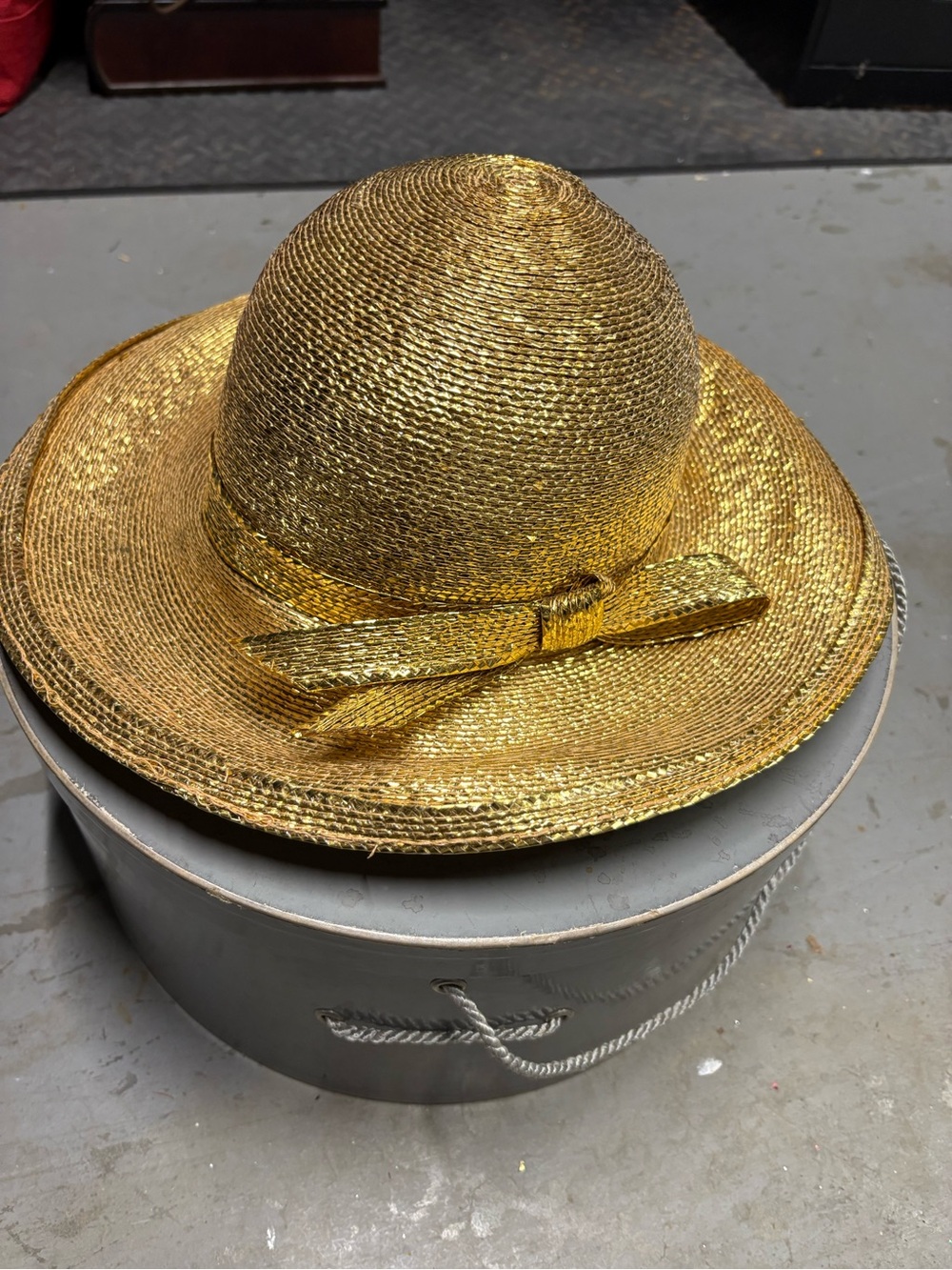 Frank Olive metallic gold hat with hatbox